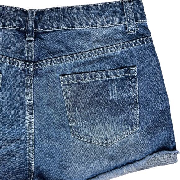 Distressed Casual Blue Jean Shorts Womens M Leopard Pockets Fray Cuff High Waist - Picture 7 of 10